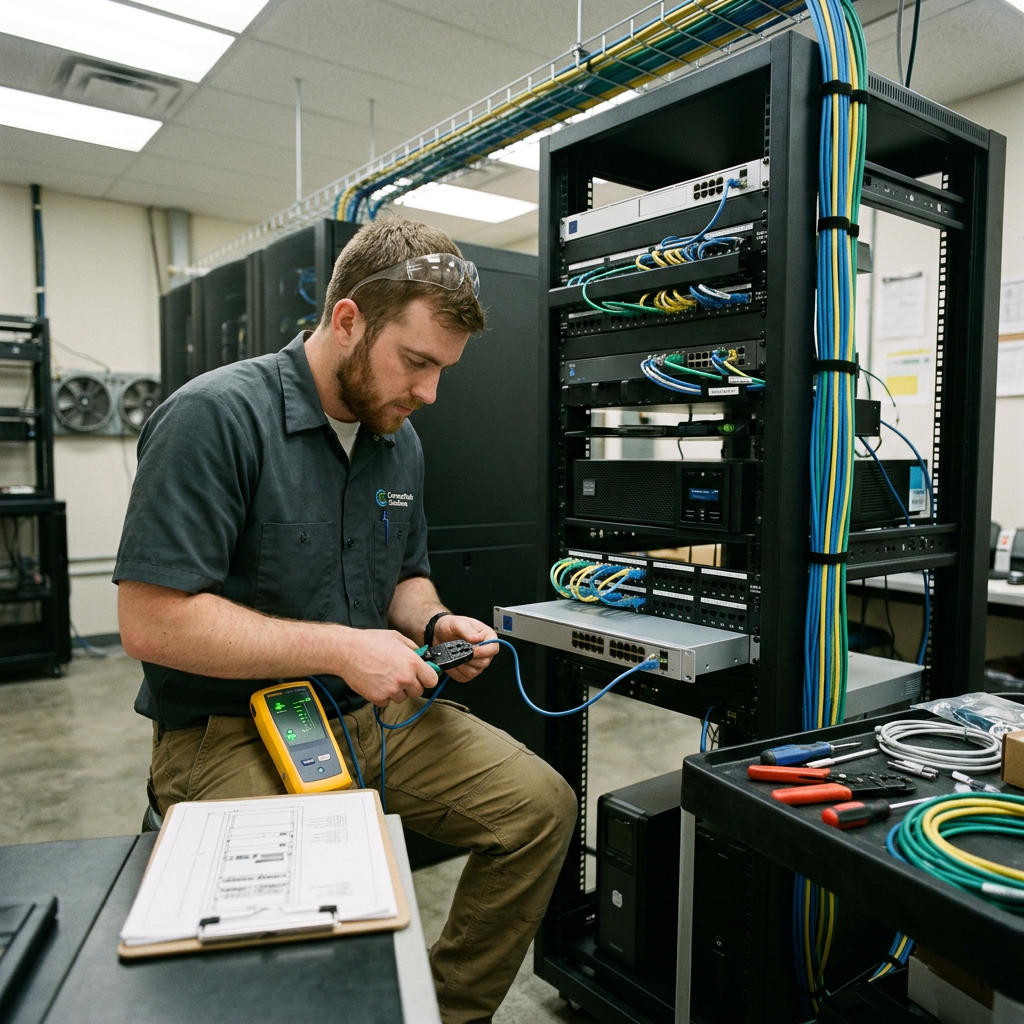 Technician using cable tester on network cables inside a server rack